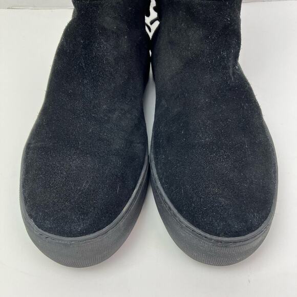 J/Slides Sz 8.5 Ruffle Back Platform Ankle Booties Black Suede Faux-fur Lined - Picture 4 of 16